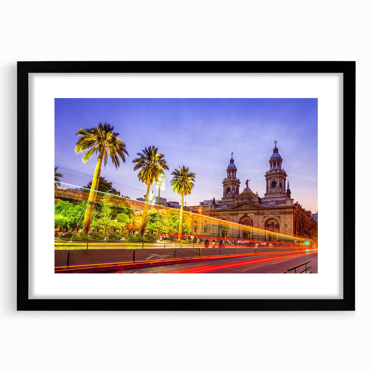 Colorful abstract art print of Santiago skyline with textured brush strokes on a large black-framed canvas.