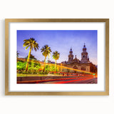 Extra large abstract art print of Santiago, Chile in textured gold frame, ideal for living room decor.