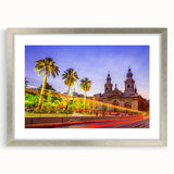 Textured abstract art print of Santiago, Chile with muted earth tones on a framed silver mat, suitable for bedroom art.