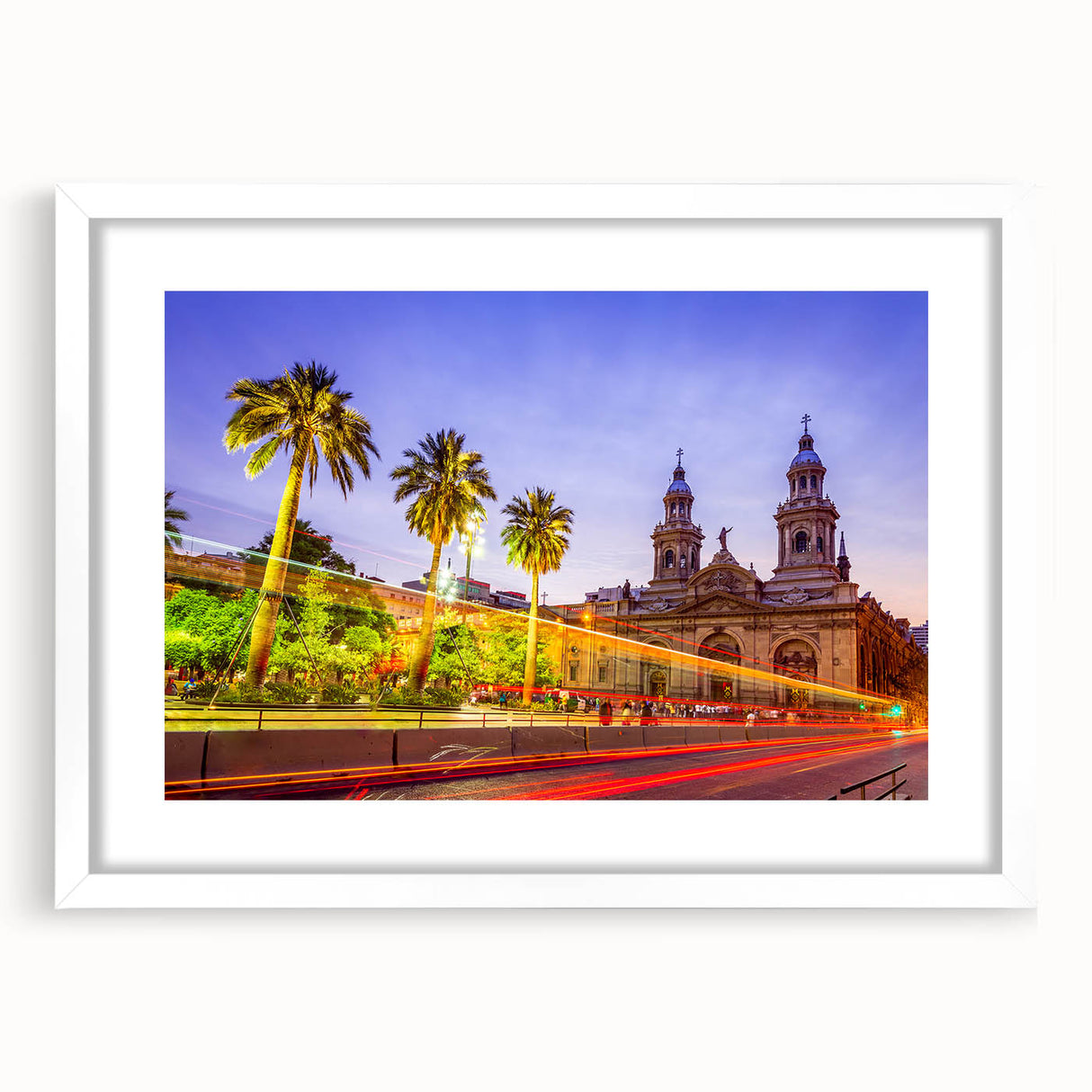 Abstract art print of Santiago, Chile, in muted earth tones on a white framed canvas, suitable for dining room decor.