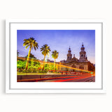 Abstract art print of Santiago, Chile, in muted earth tones on a white framed canvas, suitable for dining room decor.