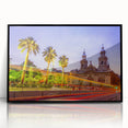 Large abstract wall art depicting Santiago, Chile skyline in muted gray tones on framed acrylic.