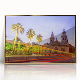 Framed acrylic print of Santiago, Chile skyline in muted earth tones, ideal for modern art wall decor.