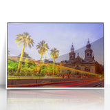 Acrylic print of Santiago, Chile skyline in art deco style with muted earth tones, ideal for modern art wall decor.