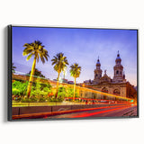 Black and white framed canvas of Santiago, Chile landscape in vintage poster style, ideal for bedroom wall art.