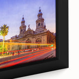 Framed canvas of Santiago, Chile skyline in textured black with vibrant colorful accents.