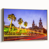 Framed canvas of a vintage-style Santiago, Chile landscape in black and gold tones, ideal for bedroom wall art.