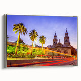 Framed canvas depicting a vintage-style landscape art painting of Santiago, Chile, in colorful hues.