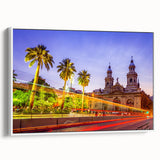 Vintage poster art of Santiago, Chile on extra large framed canvas, featuring colorful elements against a black background.