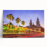 Black and white photograph of Santiago, Chile skyline on stretched canvas.