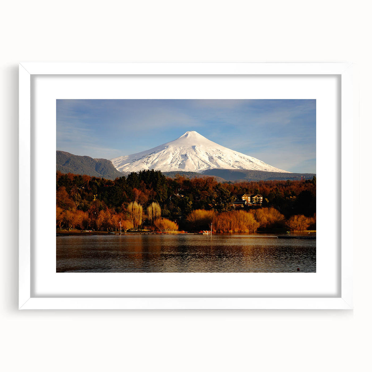Abstract art print of a Chilean landscape in muted earth tones on a framed white mat, ideal for dining room decor.