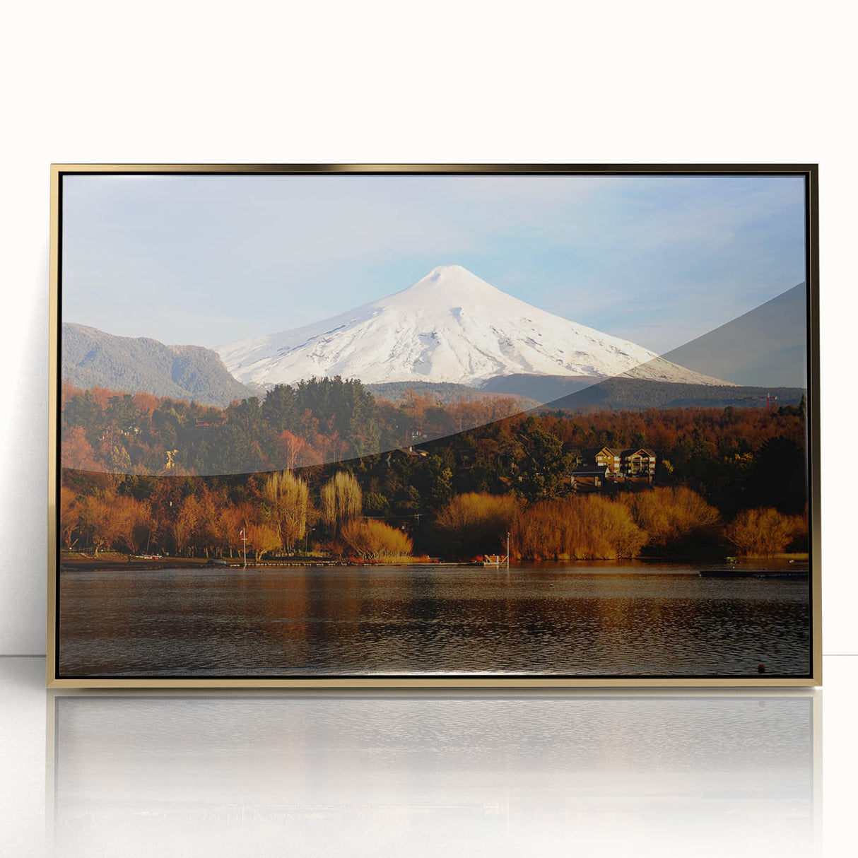Mid-century modernist depiction of a Chilean landscape in muted earth tones on a framed acrylic print.