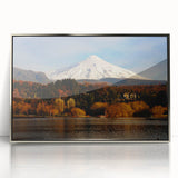 Mid-century modernist art depicting a serene Chilean landscape in muted earth tones, framed in silver acrylic.