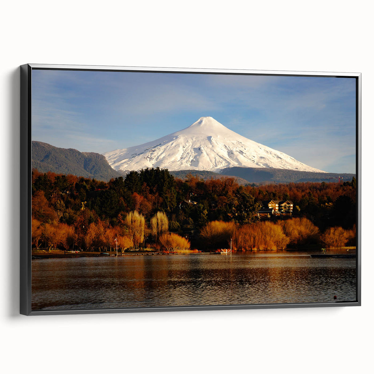 Black and white framed canvas of a Chilean landscape, ideal for bedroom wall art.