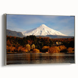 Framed canvas featuring a vintage-style landscape art painting of a Chilean scenery in colorful hues.