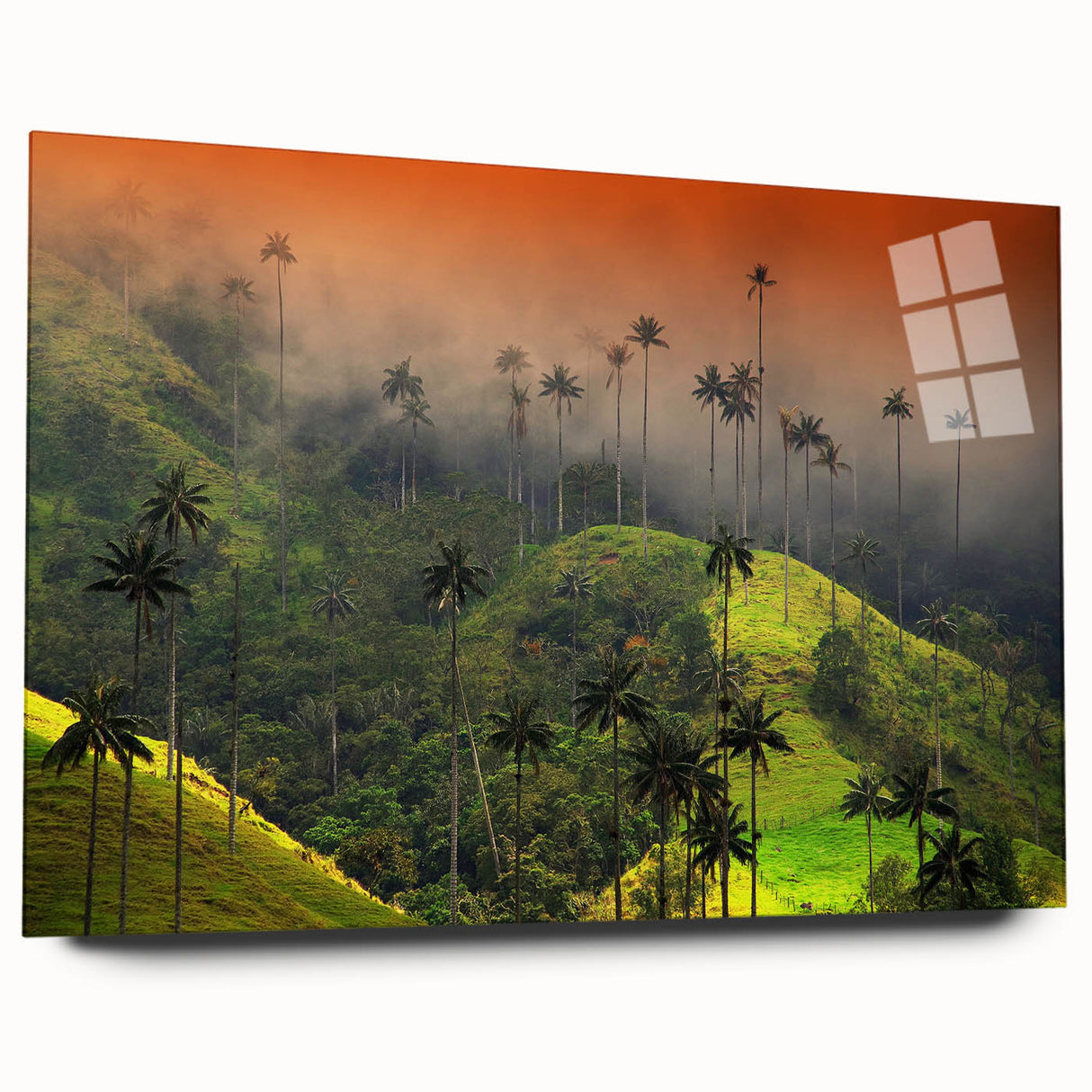 Large abstract wall art of a Colombian landscape in vibrant green and blue tones on acrylic glass.