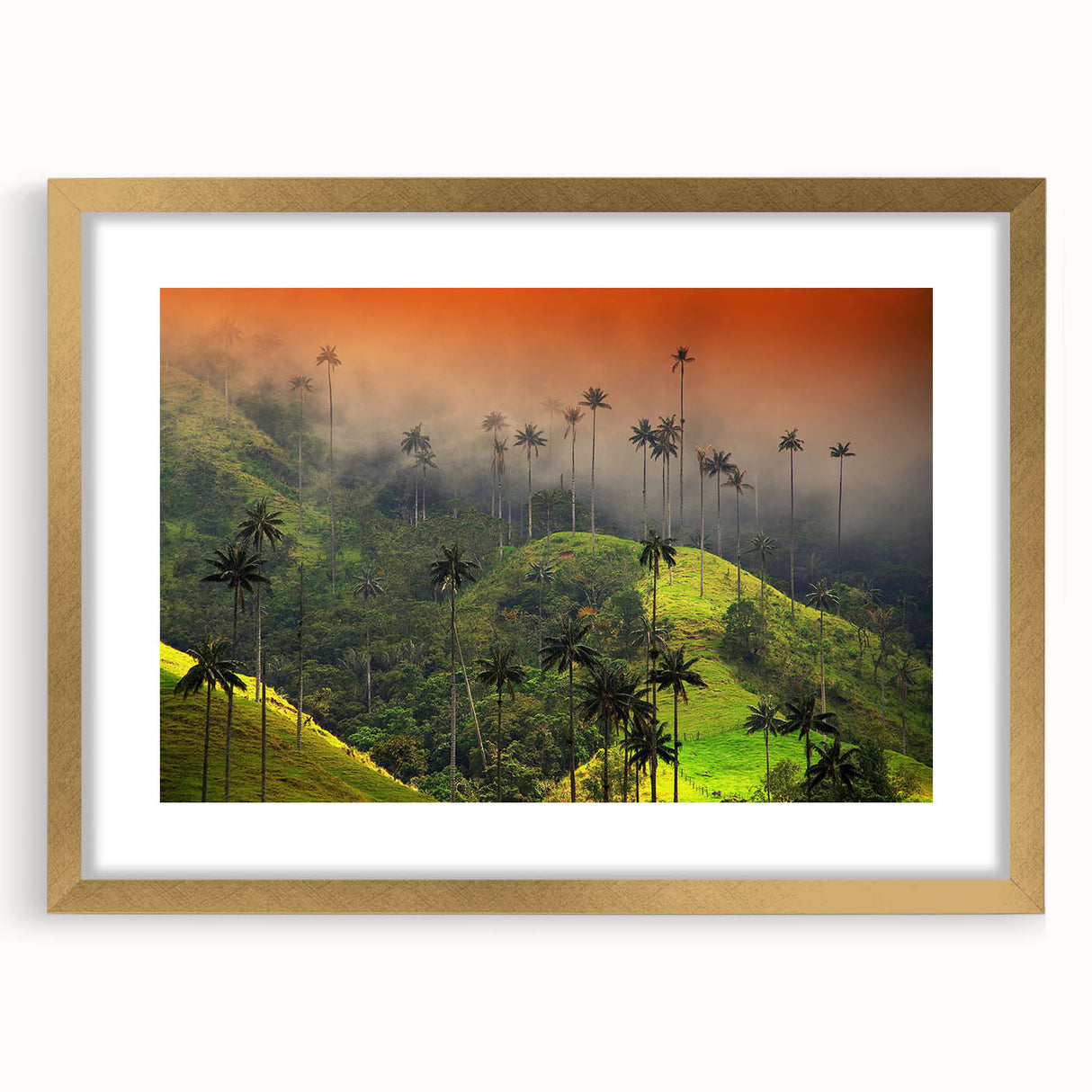 Extra large textured abstract art print of a Colombian landscape in gold frame, ideal for living room decor.