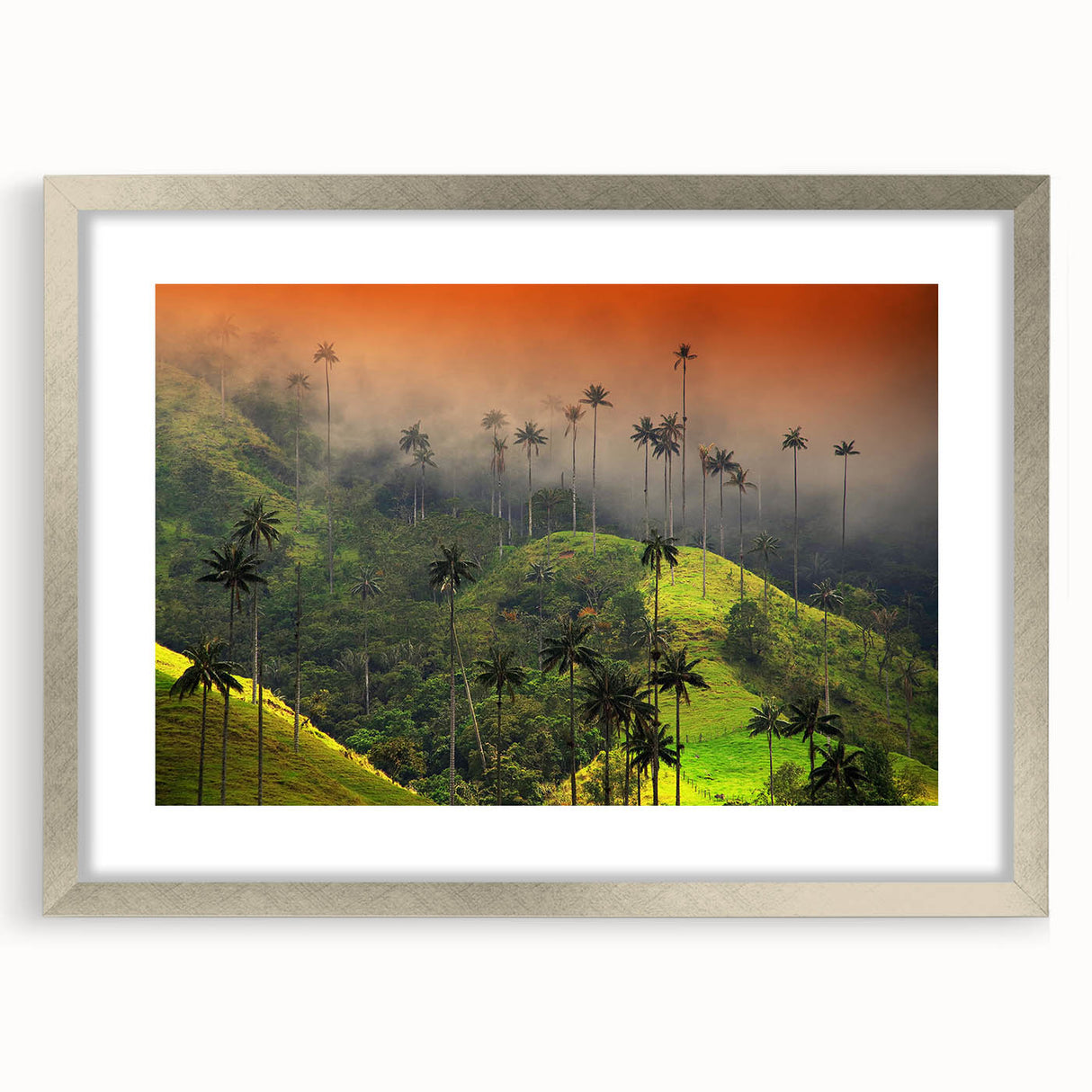 Textured abstract art print depicting vibrant South American scenery on a framed silver mat, suitable for bedroom decor.