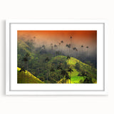 Abstract art print of a Colombian landscape in muted earth tones on a white-framed canvas, suitable for dining room decor.