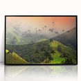 Large abstract wall art depicting a vibrant, colorful Colombian landscape on a black framed acrylic.