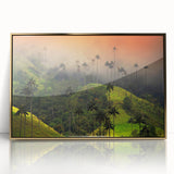 Mid-century modernist style large art print of a Colombian landscape in vibrant green and gold tones, acrylic framed.