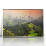 Art deco poster featuring a serene Colombian landscape, rendered in soft pastel hues on a framed acrylic.