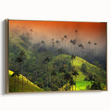 Framed canvas landscape painting of a Colombian scenery in gold and black tones, suitable for bedroom wall art.