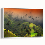 Vintage poster art of a colorful Colombian landscape on a large framed canvas, ideal for living room decor.