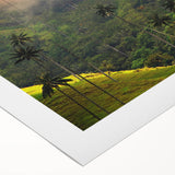 Art deco poster of a Colombian landscape in muted earth tones on rolled canvas, suitable for dining room decor.