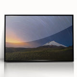 Large abstract wall art depicting a stylized Galapagos scenery in mid-century modernist style, framed in black acrylic.