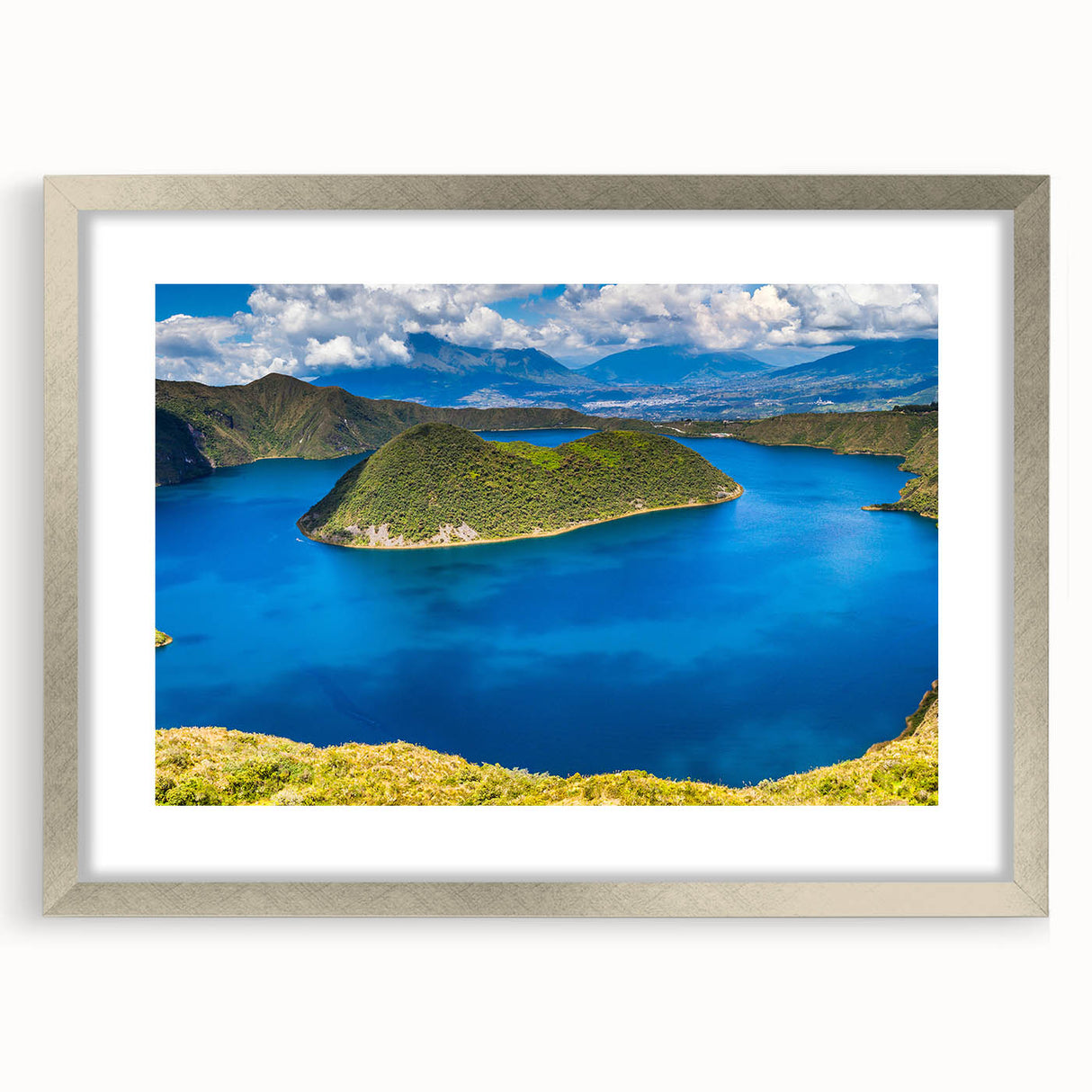 Textured abstract art print depicting a South American scenery in muted earth tones, framed in silver, ideal for bedroom art.