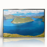 Mid-century modernist art depicting a serene Ecuadorian landscape in soft pastel shades, framed in silver acrylic.