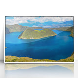 Art deco poster depicting a serene Ecuadorian landscape in soft pastel shades, framed in white acrylic.