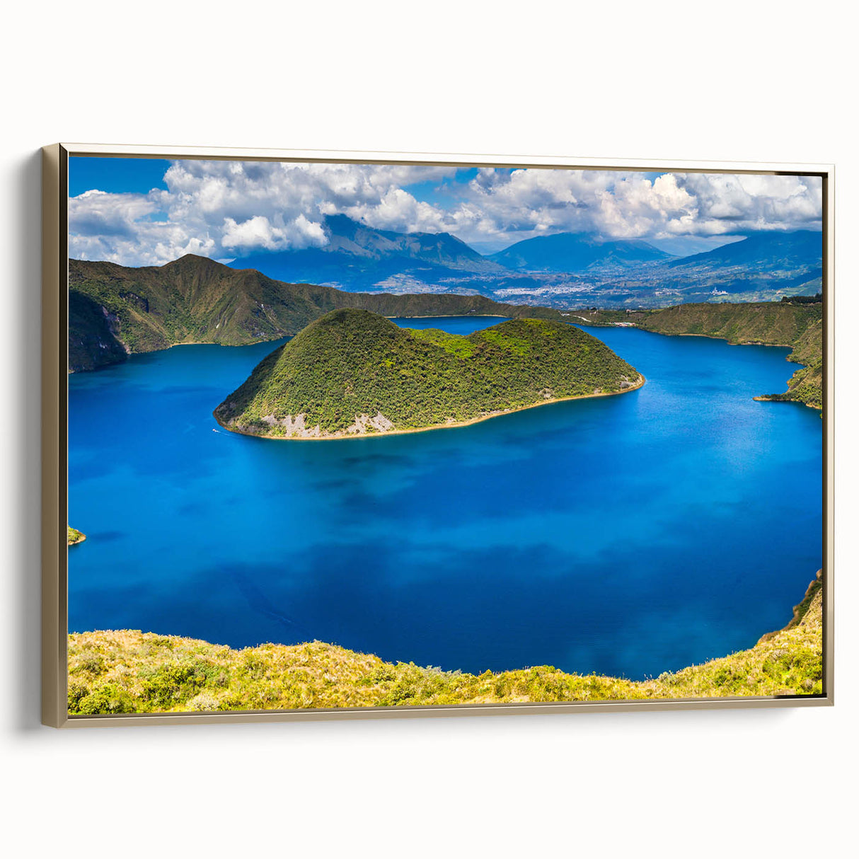 Framed canvas featuring a vintage-style landscape painting of Ecuadorian scenery in muted earth tones.