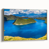 Framed canvas depicting a vintage landscape art painting of an Ecuadorian scenery in colorful hues.