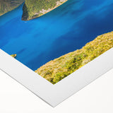 Art deco poster of an Ecuadorian landscape in vibrant green and blue hues on rolled canvas, suitable for dining room decor.