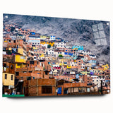 Acrylic glass print of a South American landscape featuring mountains and muted earth tones, suitable for dining room decor.