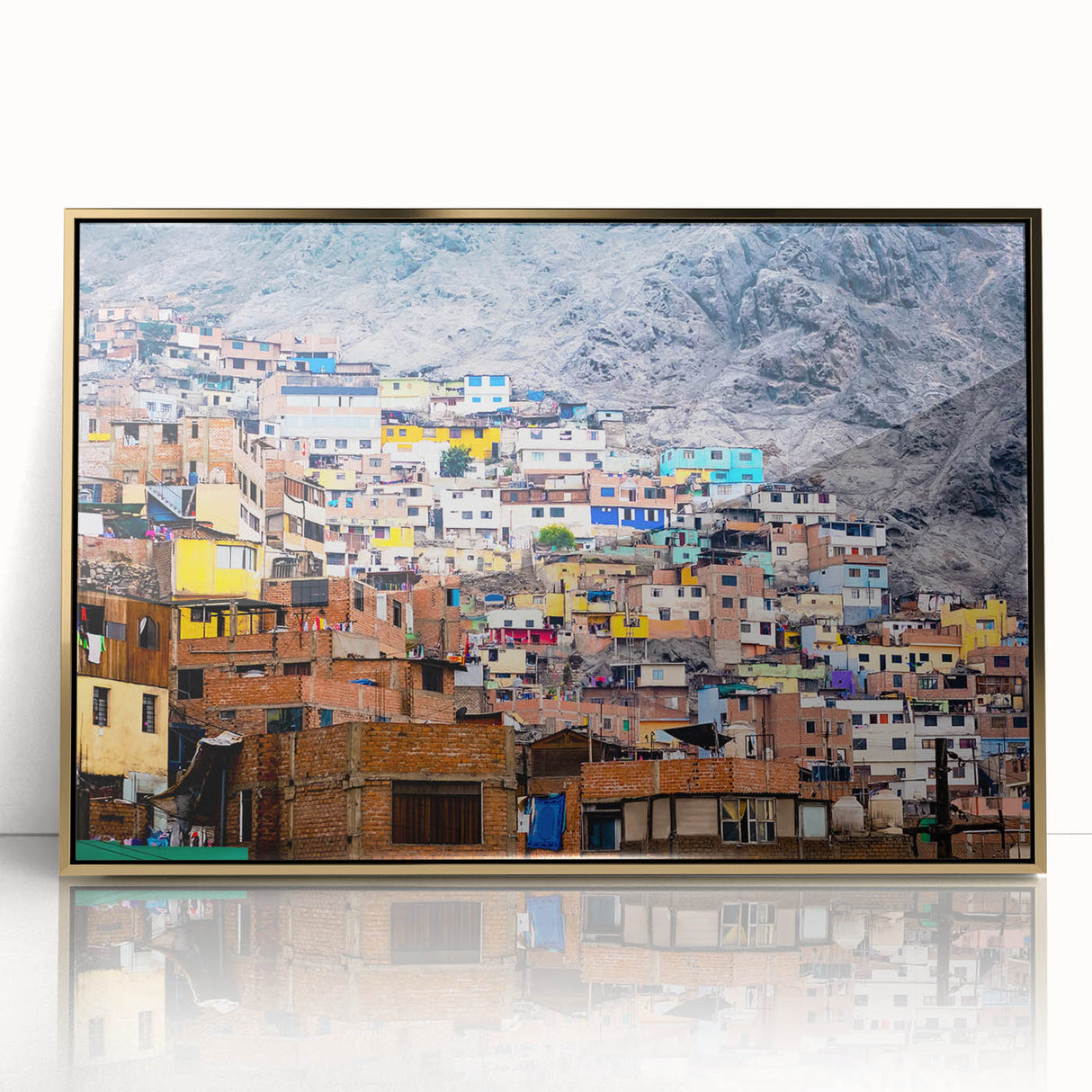 Framed acrylic print of a mid-century modernist Peruvian landscape in earth tones, ideal for modern art wall decor.