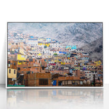 Acrylic print of a serene Peruvian landscape in soft pastel shades, framed in white, suitable for modern art wall decor.