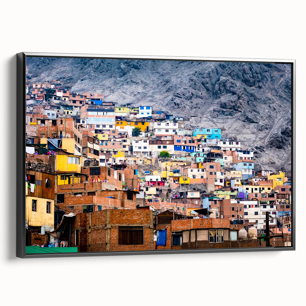 Black and white framed canvas of a Peruvian landscape, ideal for bedroom wall art.