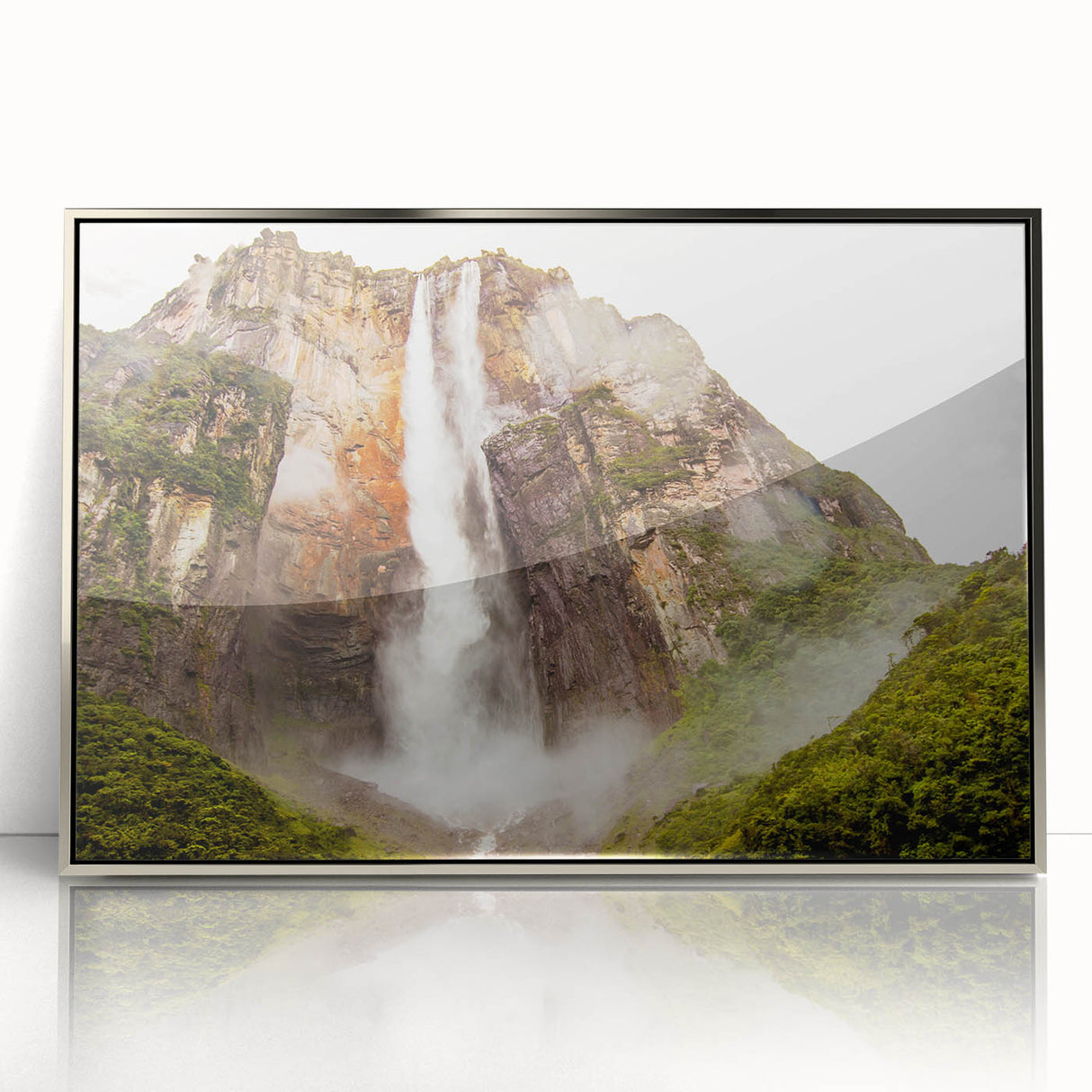 Mid-century modernist art depicting a serene Venezuelan landscape in soft earth tones on a framed acrylic panel.