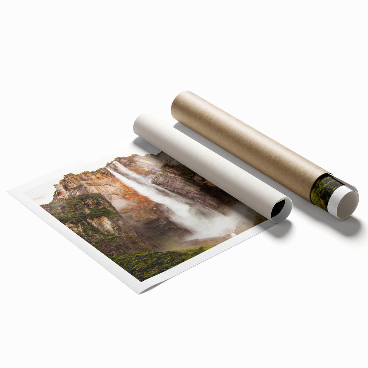 Extra large rolled print of a Venezuelan landscape, featuring vibrant floral elements, ideal for classy bathroom wall art.