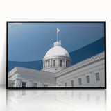 Large abstract wall art depicting an Alabama scenery in muted gray and blue tones, framed in black acrylic.