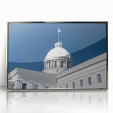 Mid-century modernist art depicting an Alabama landscape on a framed acrylic print, with muted earth tones.