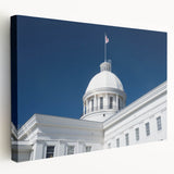 Large stretched canvas featuring a serene Alabama landscape in muted green and blue tones, suitable for kitchen wall art.