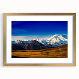 Extra large abstract art print of Denali, Alaska in textured style with gold frame, ideal for living room decor.