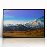 Large abstract wall art depicting Denali, Alaska in muted earth tones on a framed acrylic, ideal for modern art wall decor.