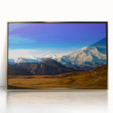 Large art print of Denali, Alaska in muted earth tones on a framed acrylic, suitable for modern art wall decor.