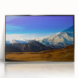 Mid-century modernist art depicting Denali National Park in Alaska on a framed acrylic print, featuring muted earth tones.