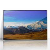 Art deco poster of Denali, Alaska in muted gray tones on framed acrylic, ideal for modern nursery wall art.